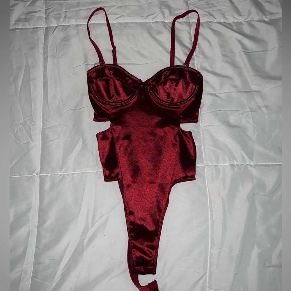 UO Out From Under Red Satin Cutout Bodysuit